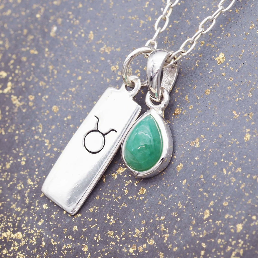Zodiac Taurus and May Birthstone Necklace - Sterling Silver Emerald Necklace - May birthstone jewellery 