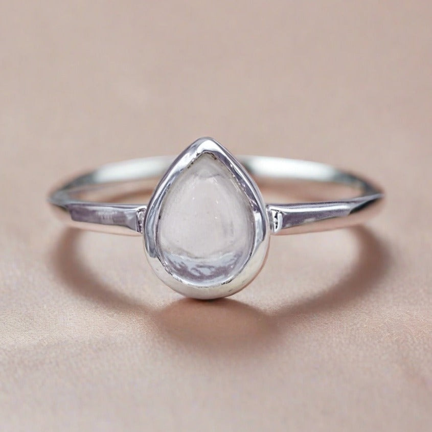 Sterling silver april birthstone ring with tear drop shape clear Herkimer quartz crystal - womens April birthstone jewellery 