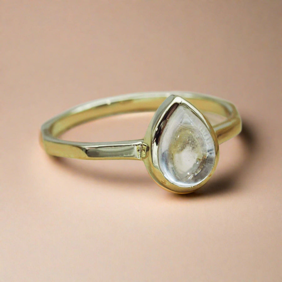 Gold April Birthstone Ring featuring natural clear Herkimer quartz crystal - women’s april birthstone jewellery 