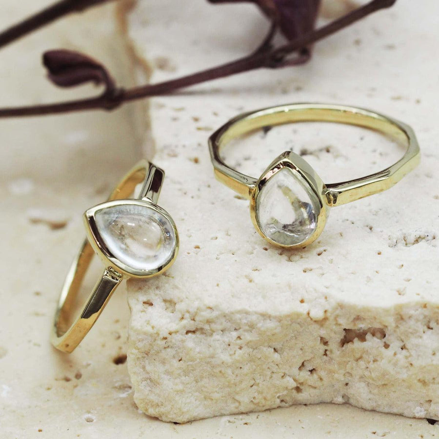 April Birthstone Ring - gold rings with clear Herkimer quartz crystals - womens April birthstone jewellery by indie and harper