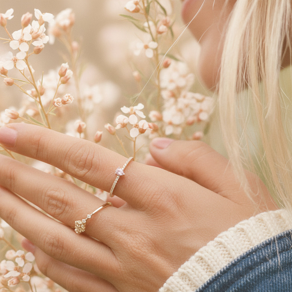 Dainty gold rings being worn - promise rings and gold jewellery by australian jewellery brands online indie and Harper