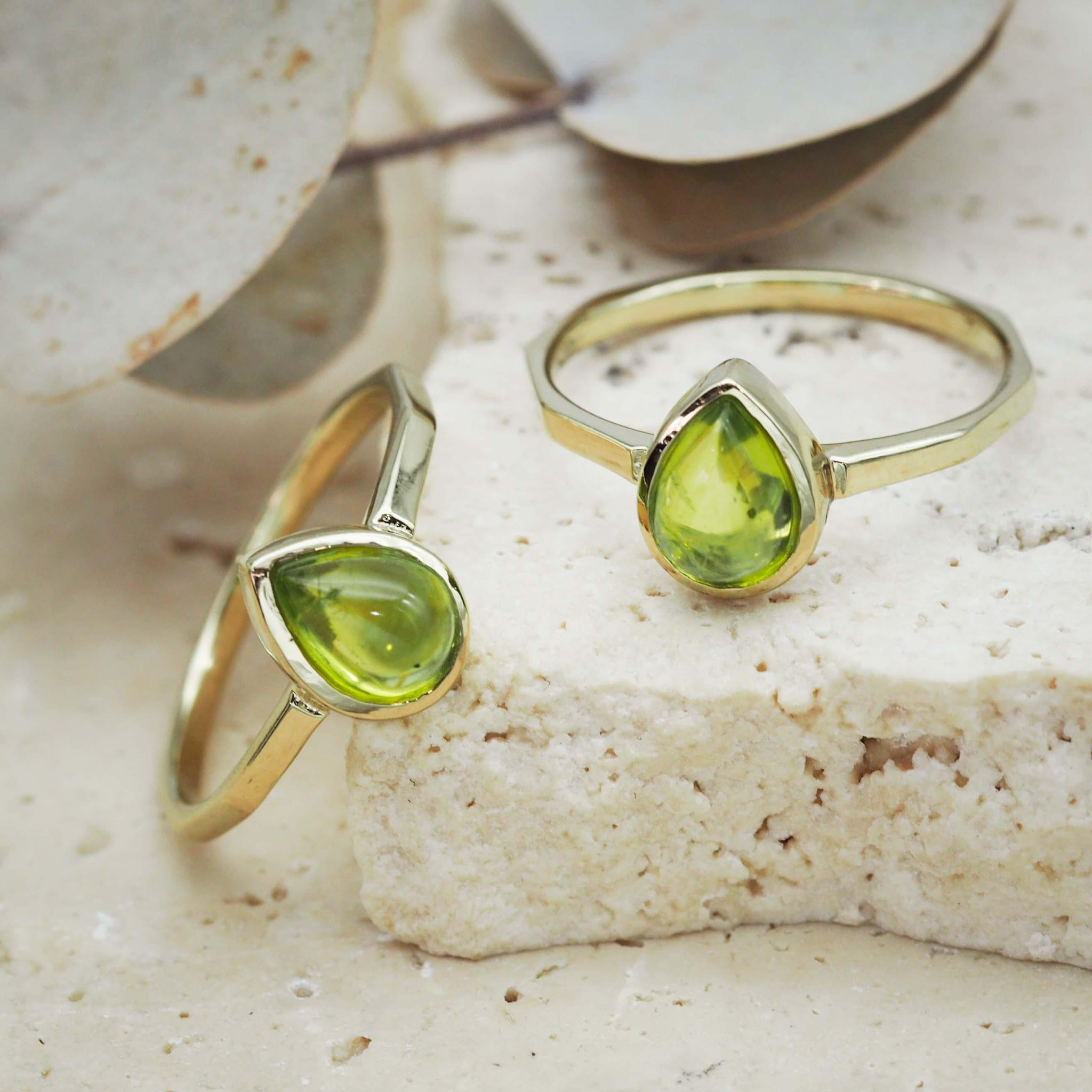 Gold August Birthstone Peridot rings by indie and harper australia