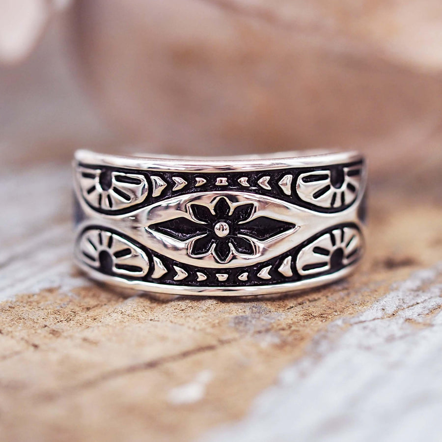 Aztec Boho Ring with black detailing - sterling silver jewellery
