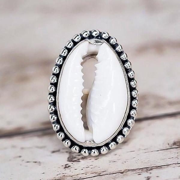 Cowrie Sea Shell Ring on rustic piece of wood - womens sterling silver jewellery Australia