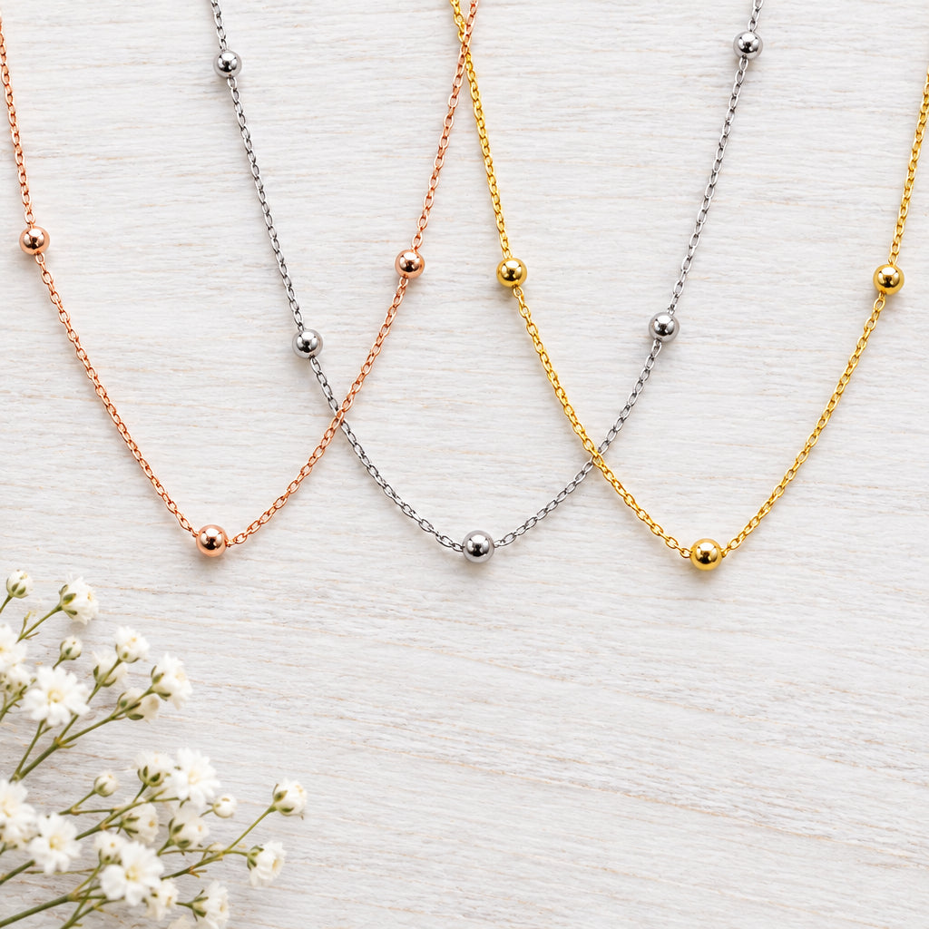 Dainty beaded chain necklaces in rose gold, sterling silver and gold