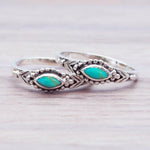 Two dainty marquise reconstructed turquoise rings in 925 sterling silver with bezel setting and slim stackable band