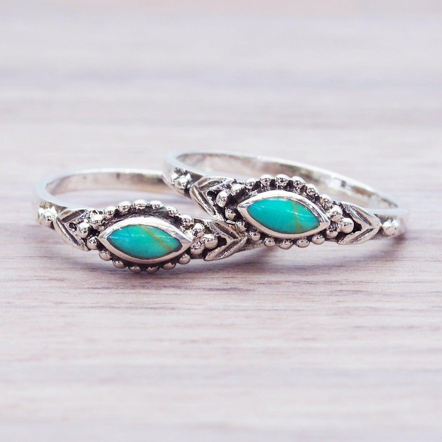 sterling Silver rings with blue green coloured turquoise stones with a minimalist boho design for everyday wear