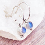 Dainty sterling silver Moonstone hoop earrings by indie and harper