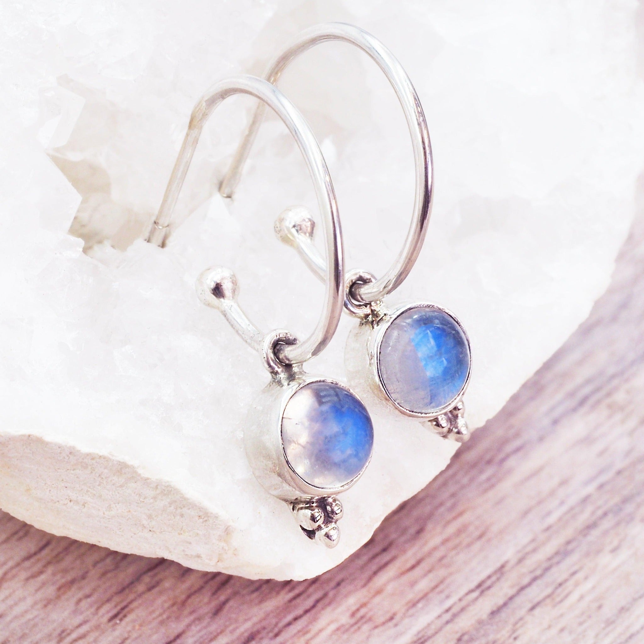 Dainty sterling silver Moonstone hoop earrings by indie and harper