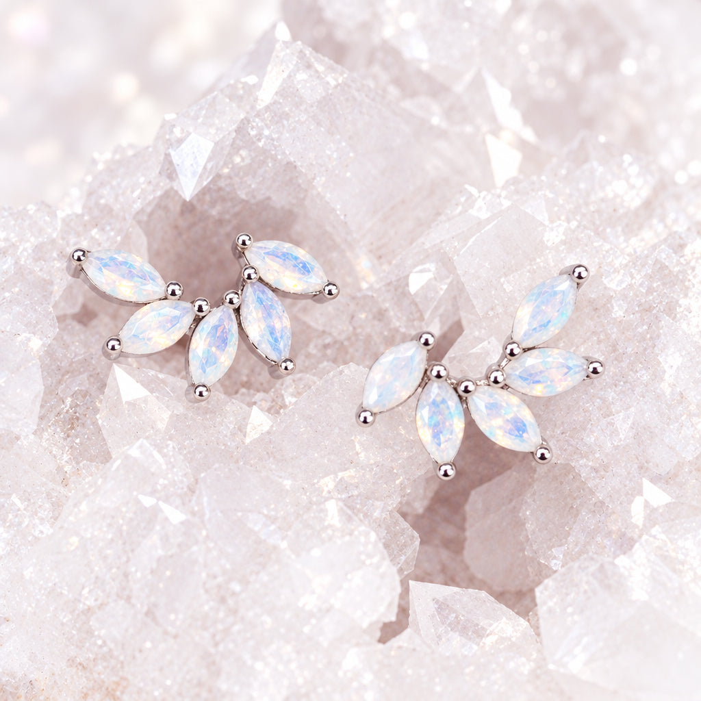 Silver white opal petal stud earrings, detail view
