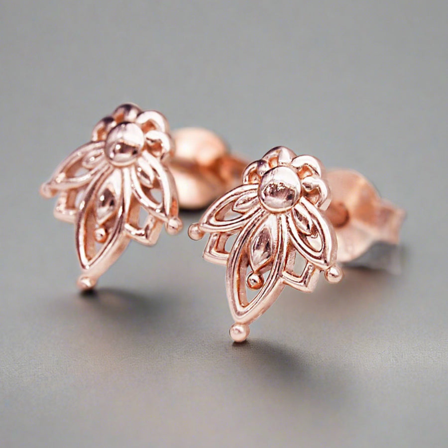 dainty lotus flower rose gold earrings