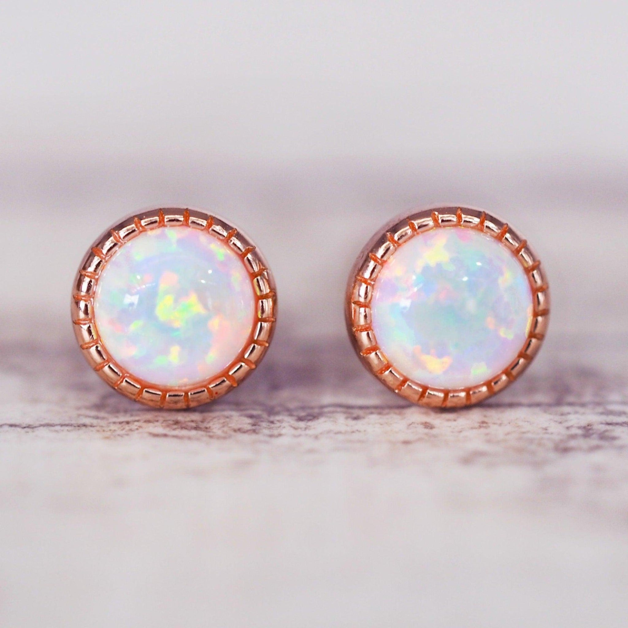 indie and harper dainty rose gold opal earrings