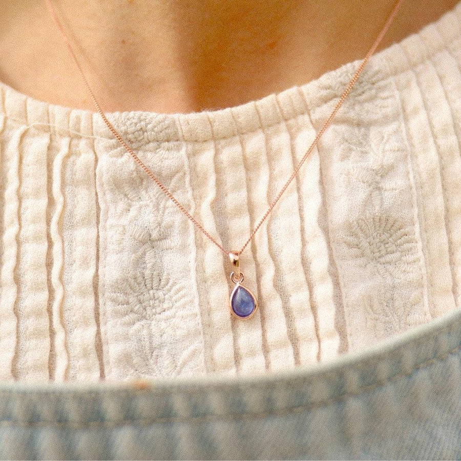 December Birthstone Necklace being worn - Tanzanite and rose gold necklace - womens December birthstone jewellery australia