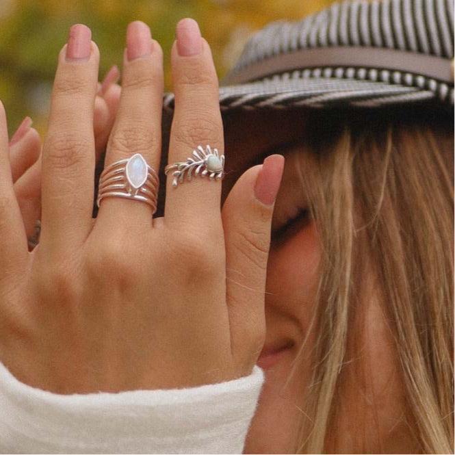 Woman wearing a hat and boho Rings - womens boho jewellery by indie and harper
