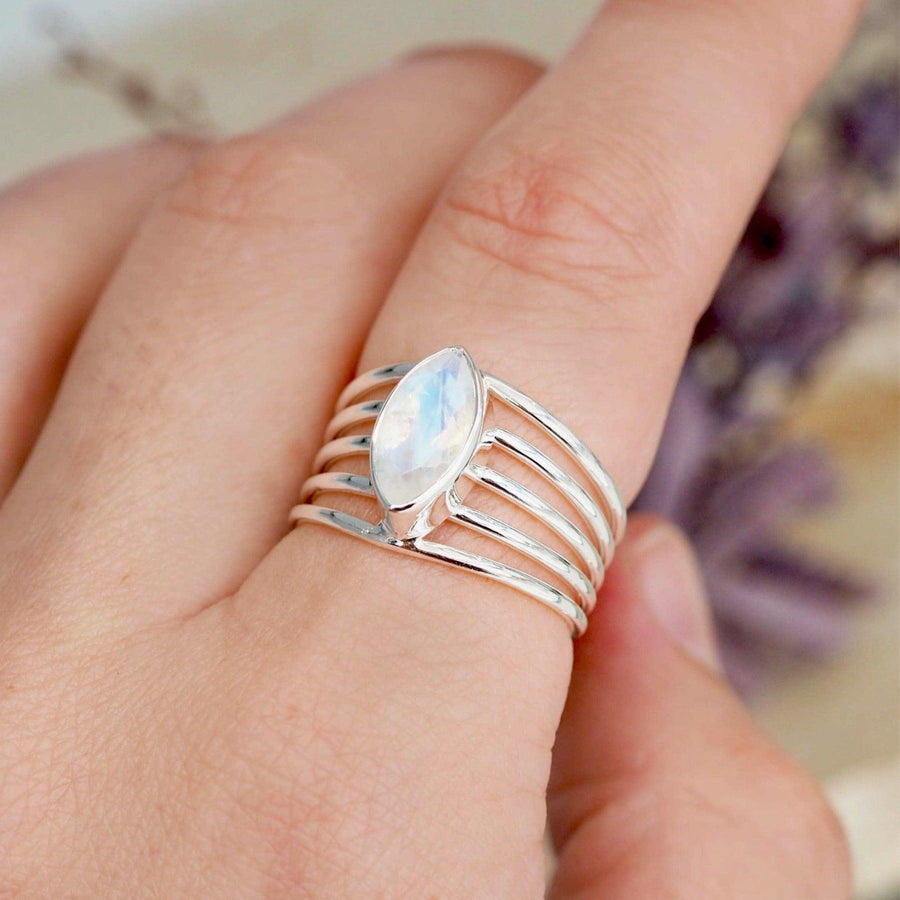 Finger wearing silver Moonstone Ring - womens moonstone jewellery by indie and harper