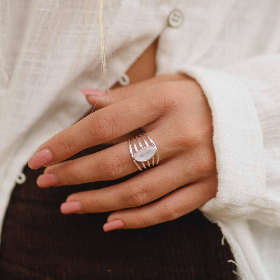 Woman wearing Moonstone Ring - womens moonstone jewellery by indie and harper