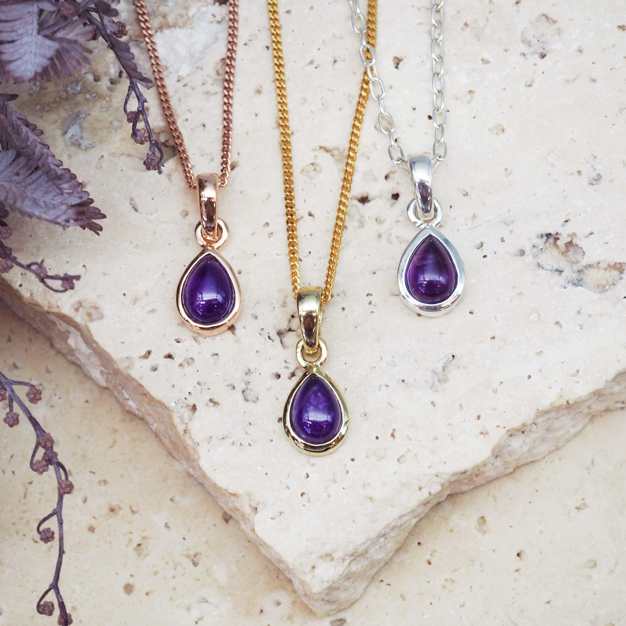 February Birthstone amethyst Necklaces in rose gold, gold and silver - indie and Harper australia