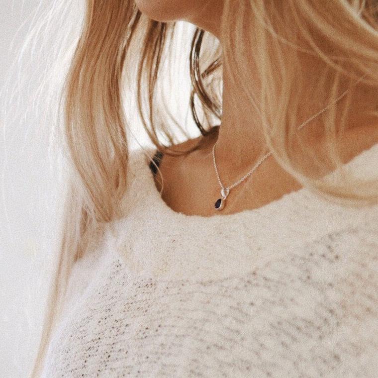 Girl wearing February Birthstone Necklace - Amethyst necklace - womens February Birthstone jewellery Australia 