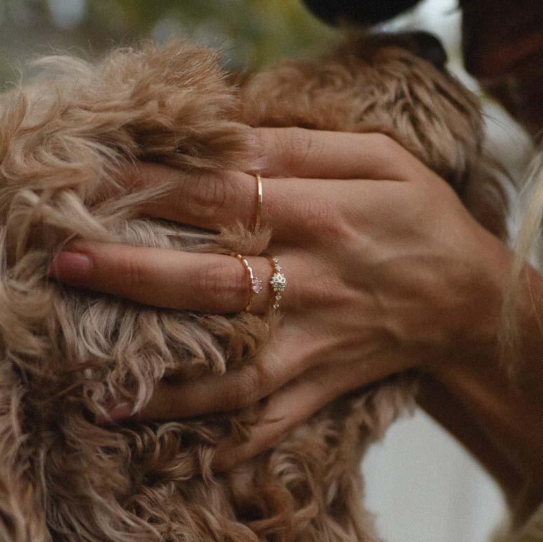 Woman patting a cute dog while wearing Gold Rings - womens gold jewellery Australia by indie and harper