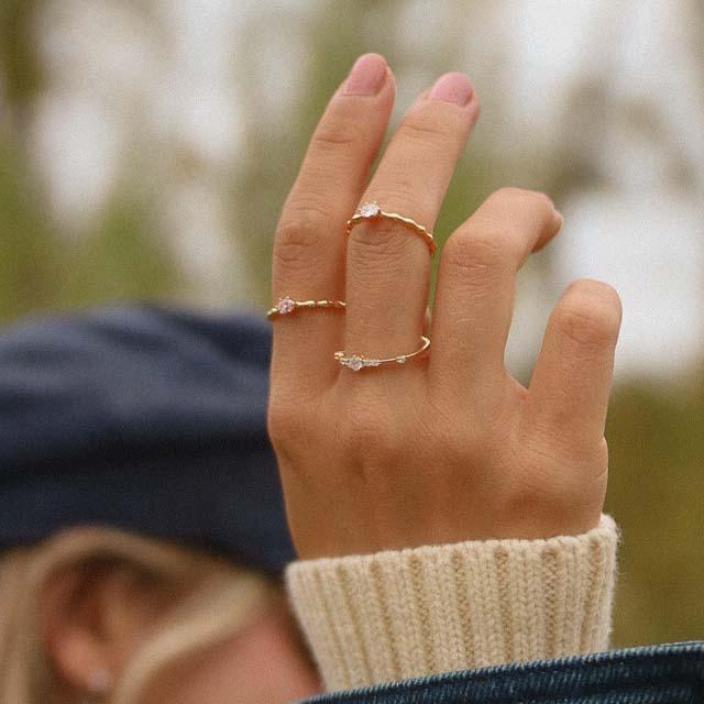 Gold Rose Quartz Rings being worn - womens jewellery by indie and harper
