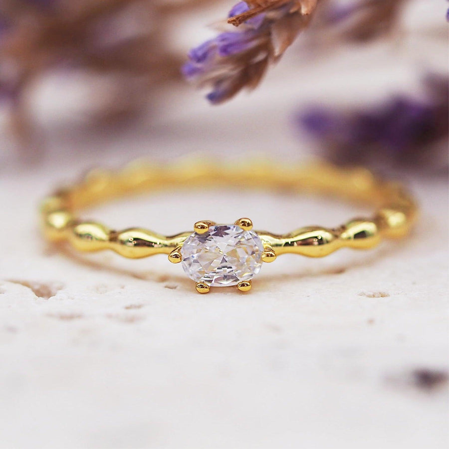 Dainty Gold Ring with white topaz crystal - womens gold jewellery by indie and harper
