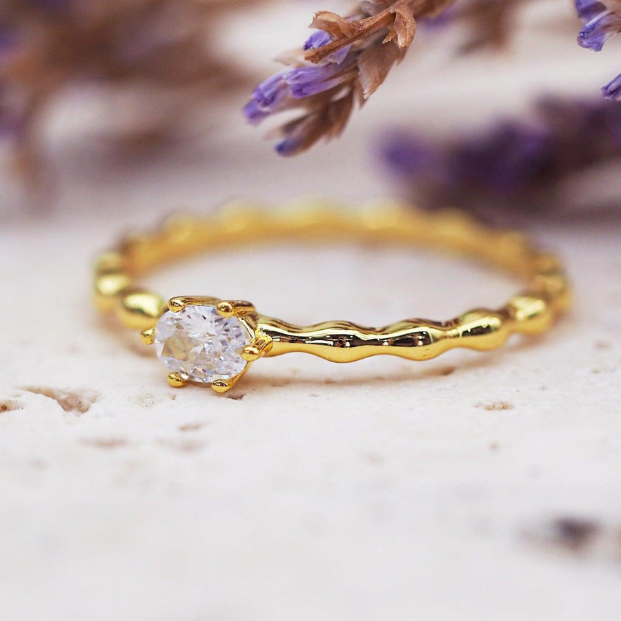 Dainty Gold Ring with white topaz crystal - womens gold jewellery by indie and harper