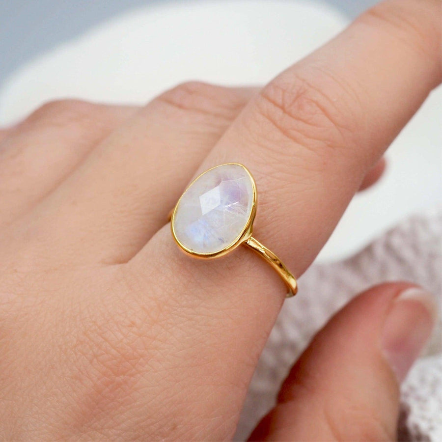 Finger with Gold Moonstone Ring - womens moonstone jewellery by indie and harper