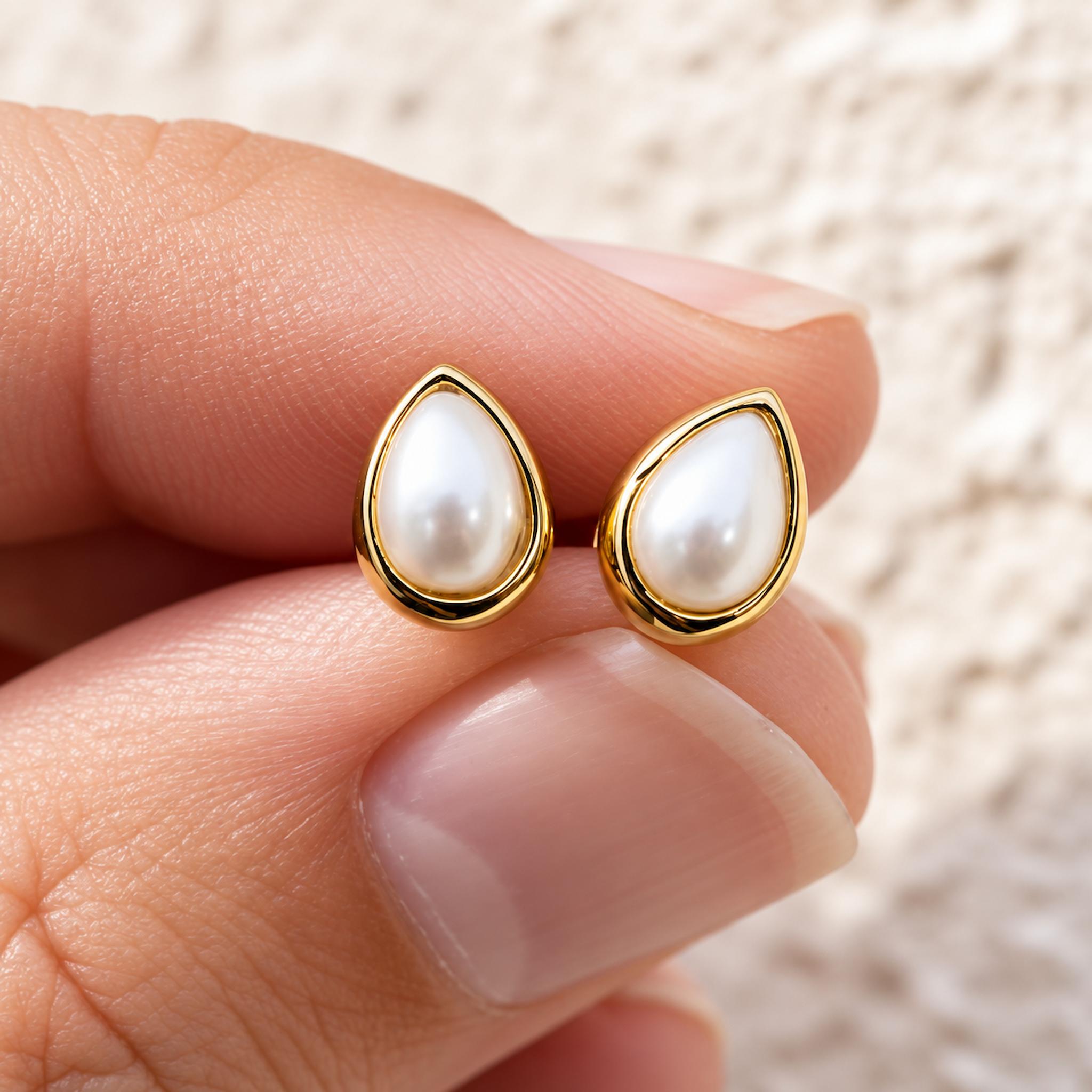 Gold June birthstone stud pearl earrings with pear-shaped natural mother of pearl stones being held