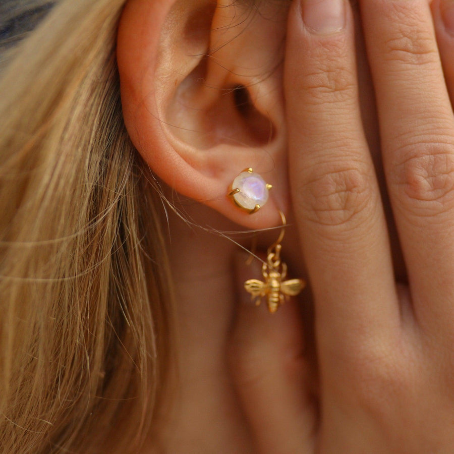 Woman wearing Gold Moonstone earrings - womens gold moonstone jewellery - Australian jewellery brand