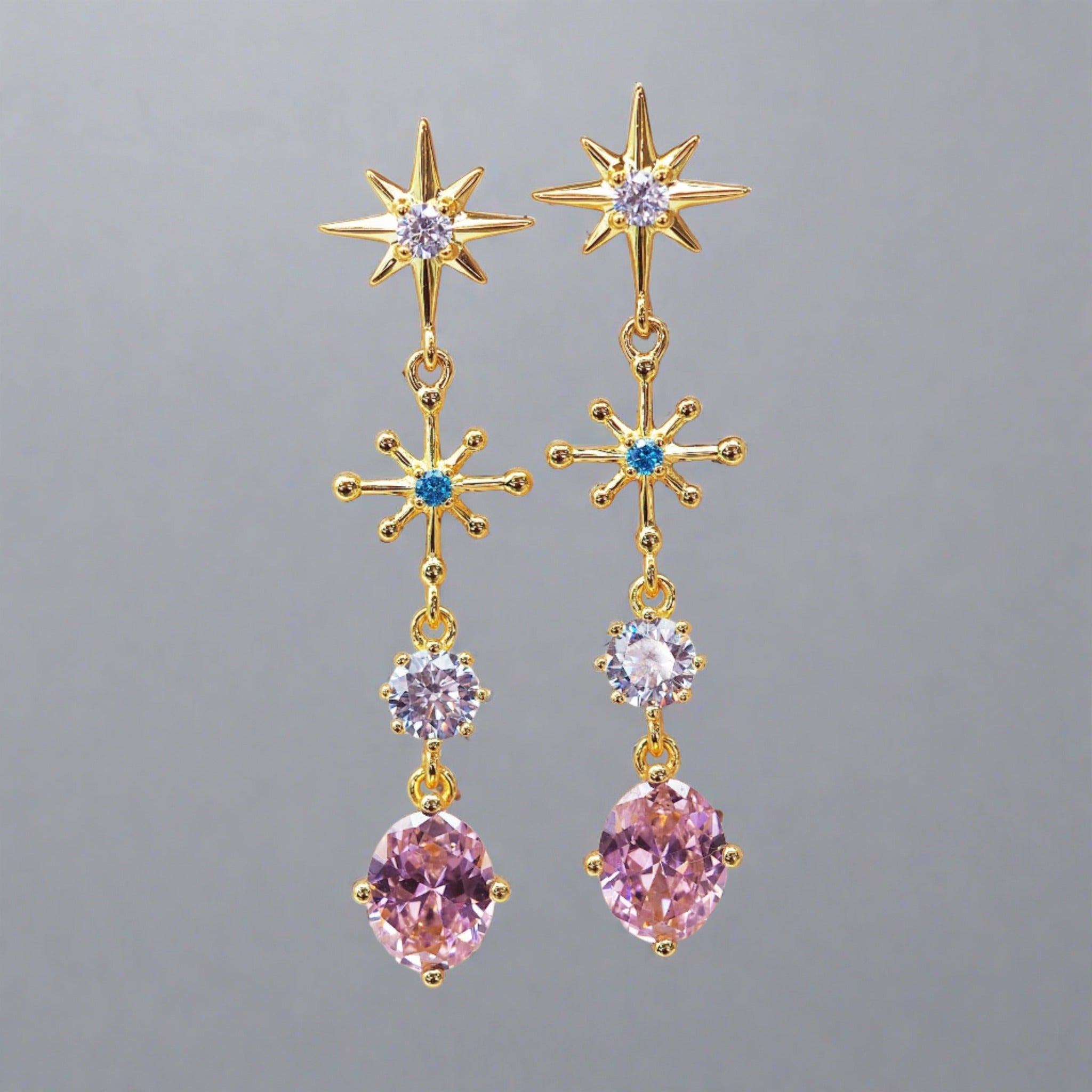 Gold Star Drop White Topaz, Sapphire, and Rose Quartz Earrings - womens gold earrings by Australian jewellery brands online indie and harper