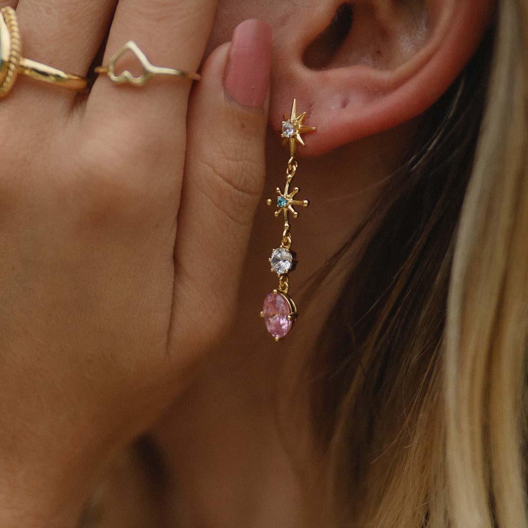 Woman wearing Gold Star Drop White Topaz, Rose Quartz and Sapphire Earrings - womens gold earrings by Australian jewellery brands online indie and harper