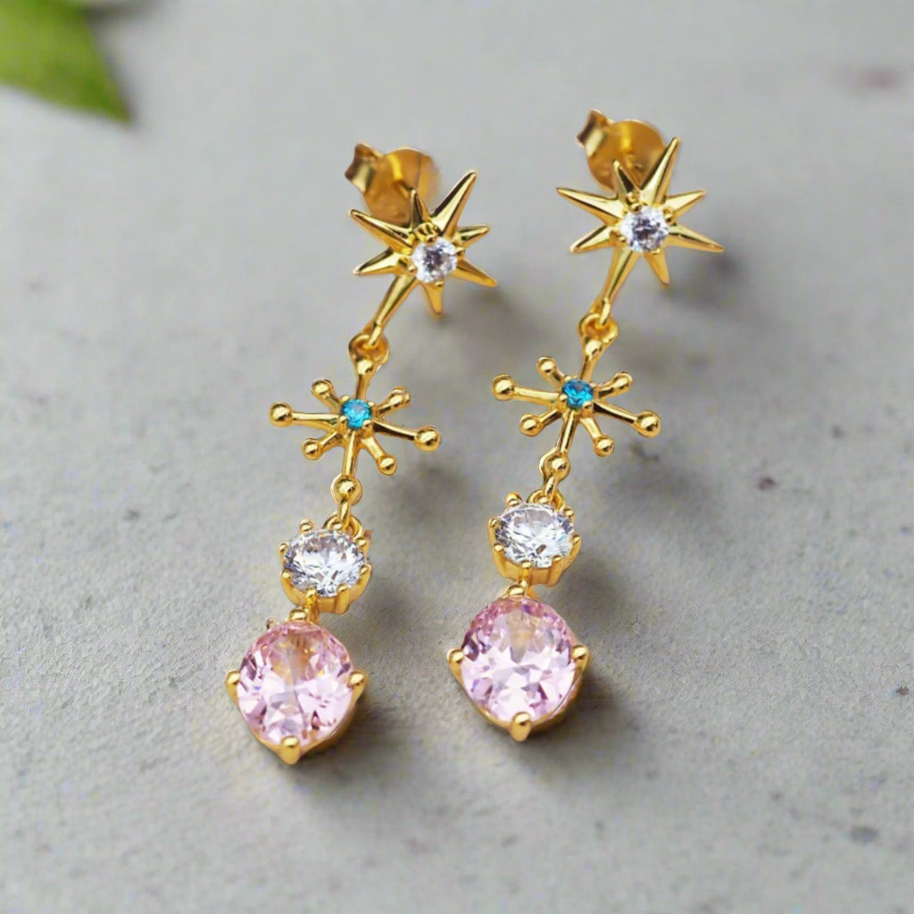 Gold Star Drop White Topaz, Sapphire, and Rose Quartz Earrings - womens gold earrings by Australian jewellery brands online indie and harper