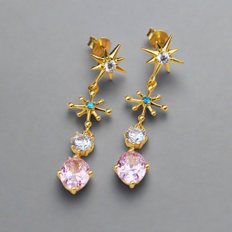 Gold Star Drop White Topaz, Sapphire, and Rose Quartz Earrings - womens gold earrings by indie and harper