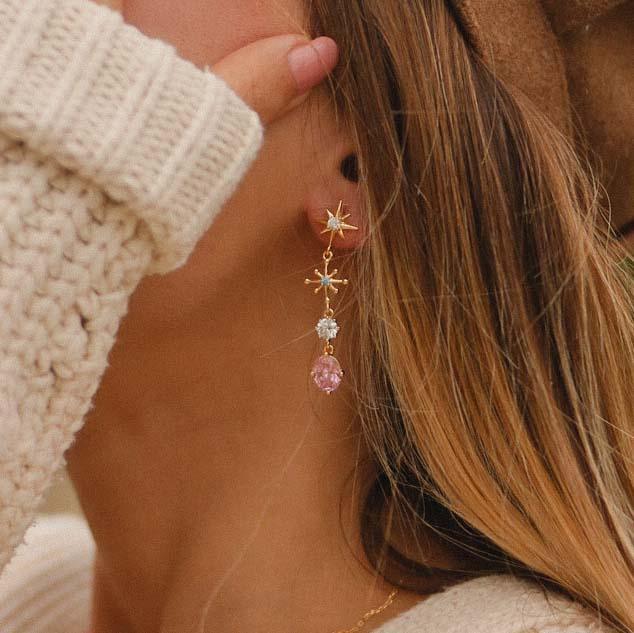 Woman wearing Gold Star Drop White Topaz, Sapphire, and Rose Quartz Earrings - womens gold earrings by Australian jewellery brands online indie and harper