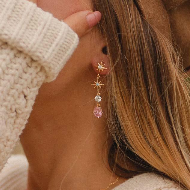 Woman wearing Gold Star Drop White Topaz, Sapphire, and Rose Quartz Earrings - womens gold earrings by indie and harper