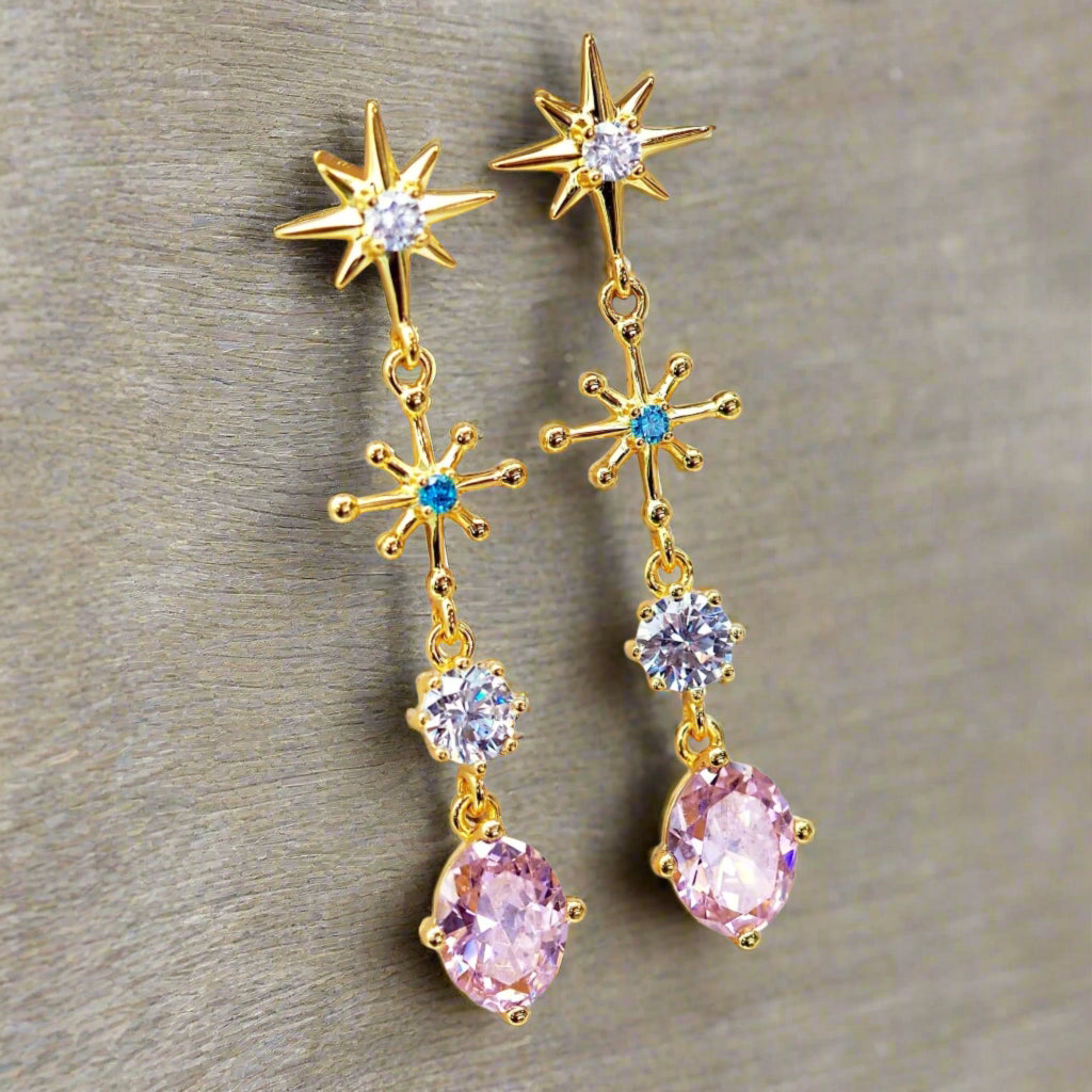 Gold Star Drop White Topaz, Sapphire, and Rose Quartz Earrings - womens gold earrings by Australian jewellery brands online indie and harper