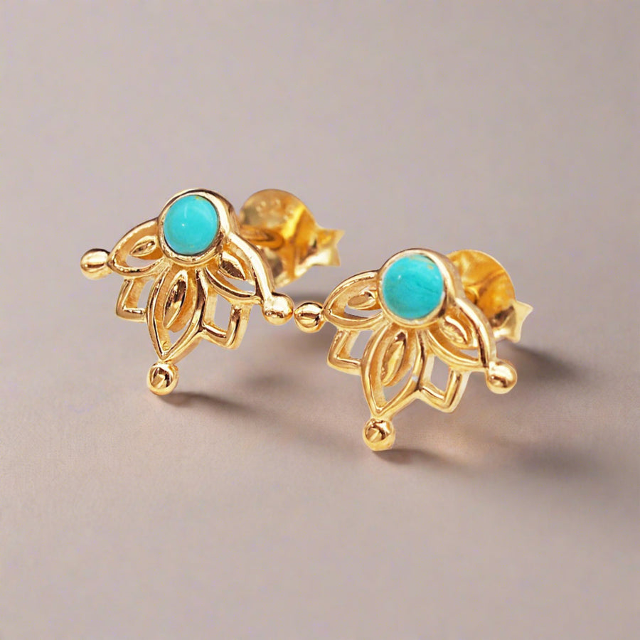 Gold Turquoise Lotus Flower Stud Earrings - womens jewellery by indie and harper