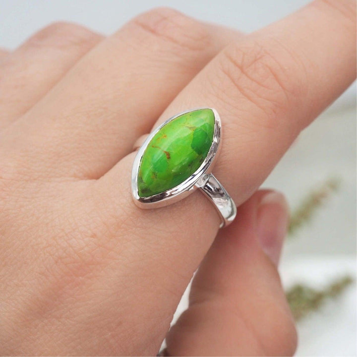 Green Turquoise Ring made with Sterling silver on a ladies finger - womens turquoise jewellery by indie and harper