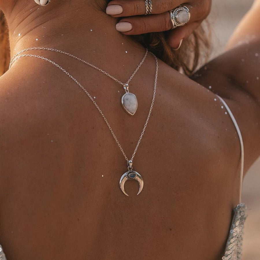 Woman wearing Moonstone Necklaces draping down her back - moonstone jewellery Australia