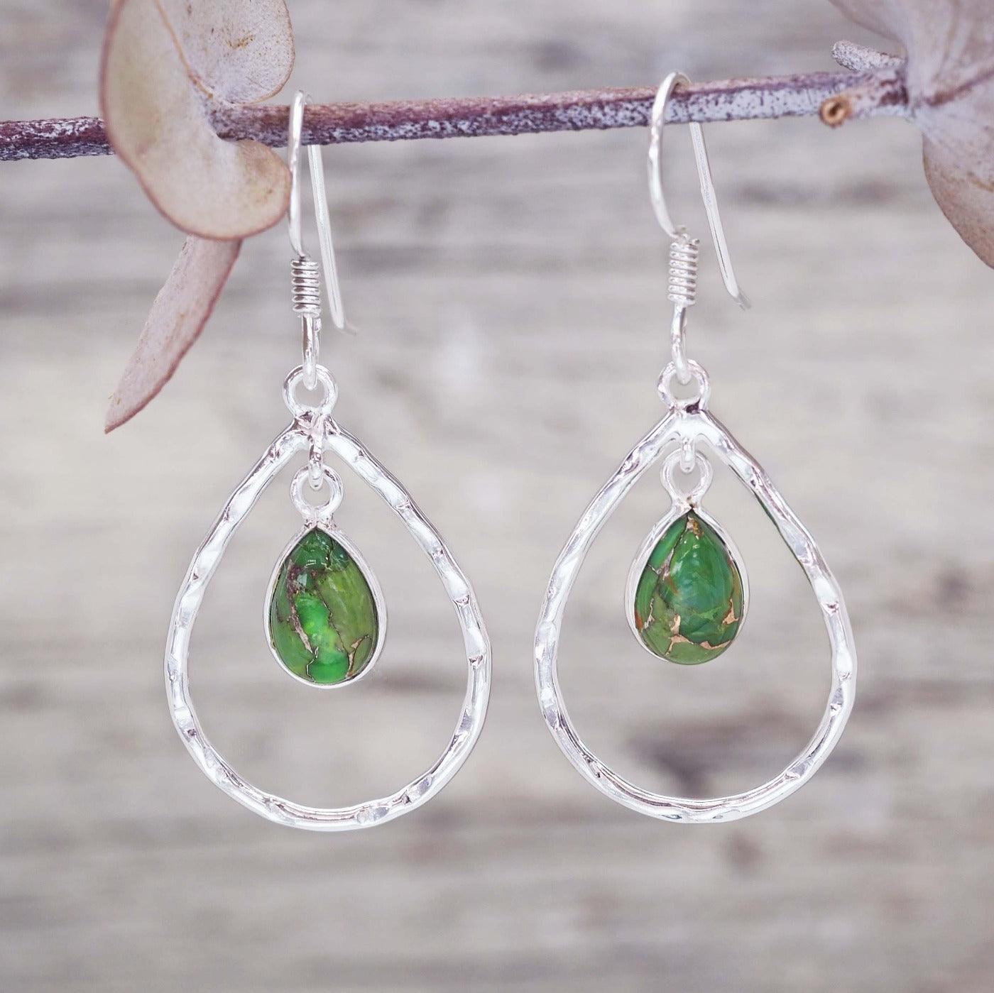 Hammered Teardrop Green Turquoise Earrings - womens jewellery by indie and harper