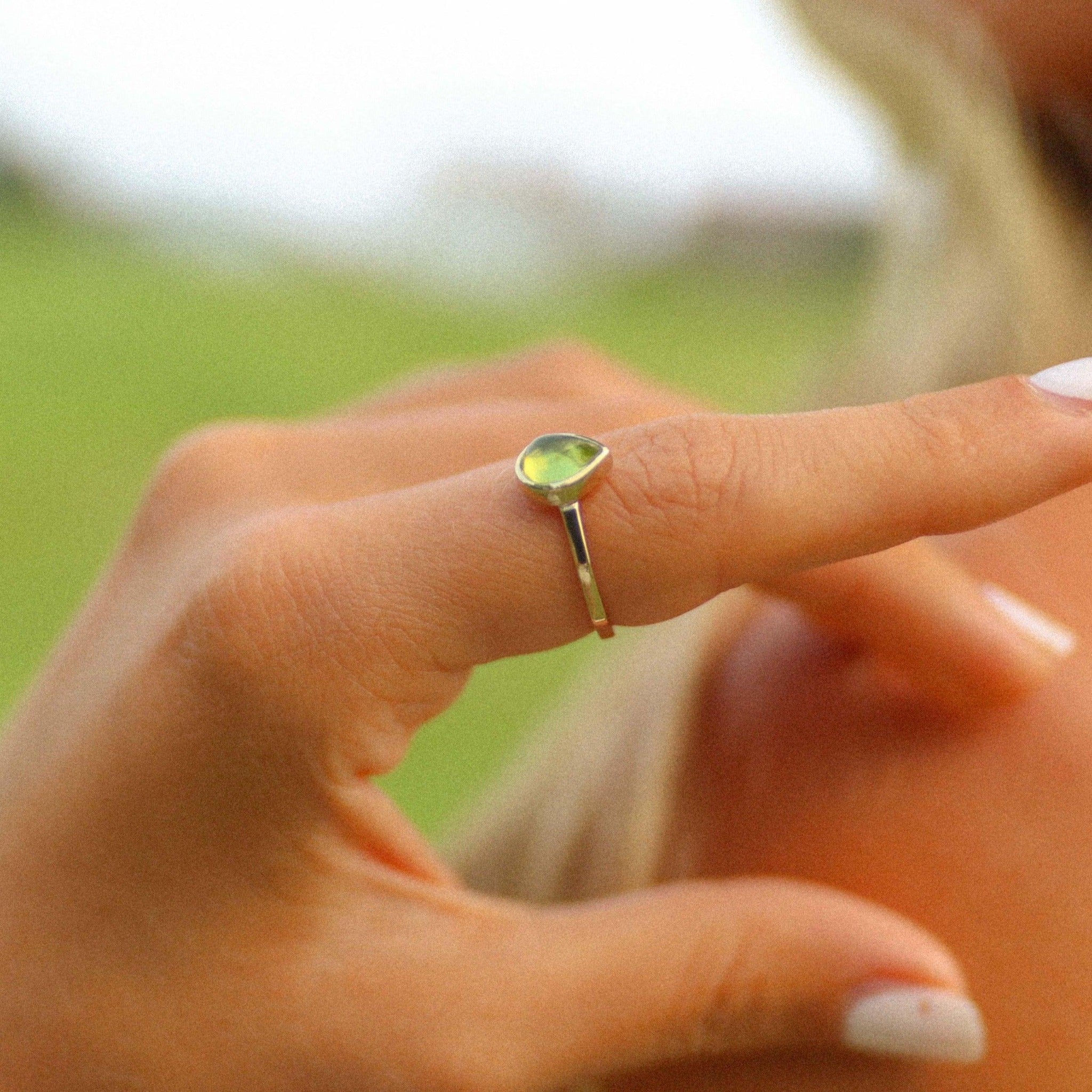 Woman wearing August Birthstone Ring - Gold Peridot Rings by australian jewellery brands indie and harper