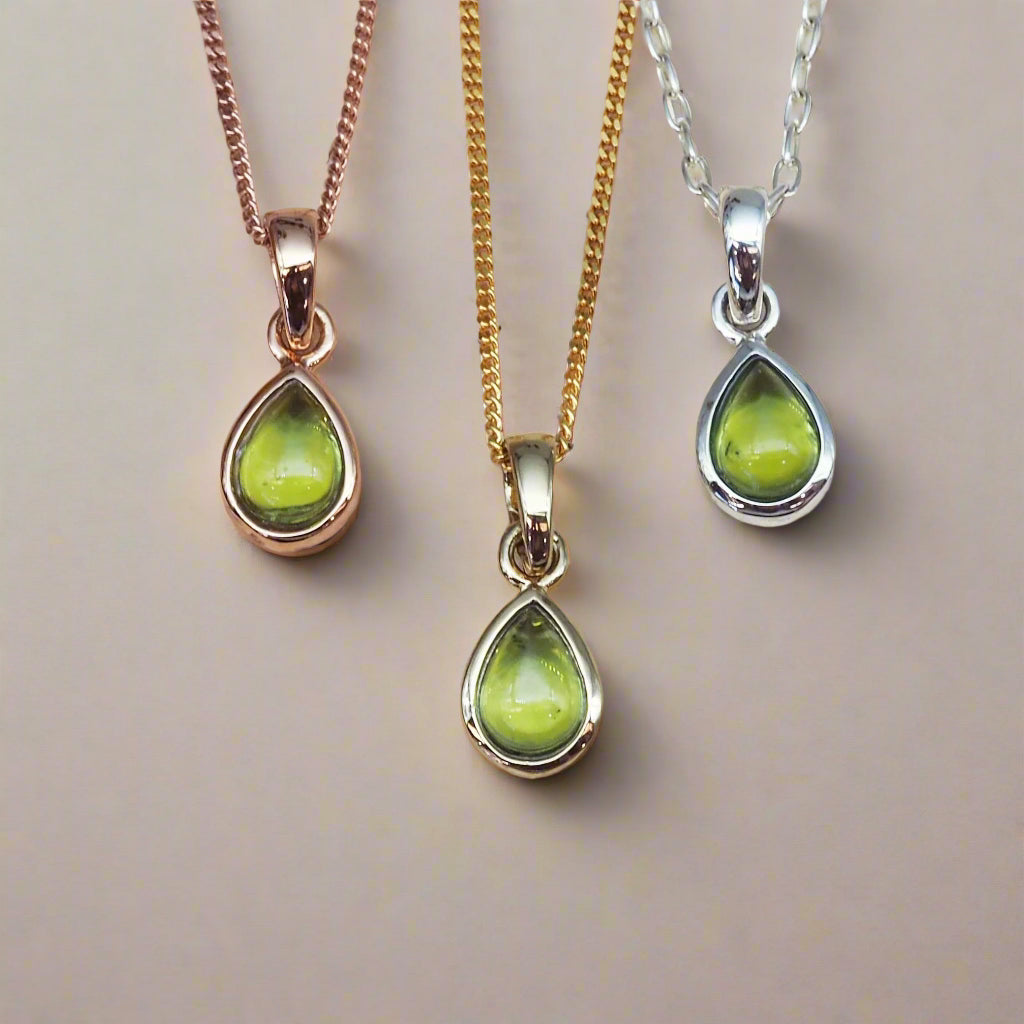 indie and harper August Birthstone peridot Necklaces in rose gold, gold and silver
