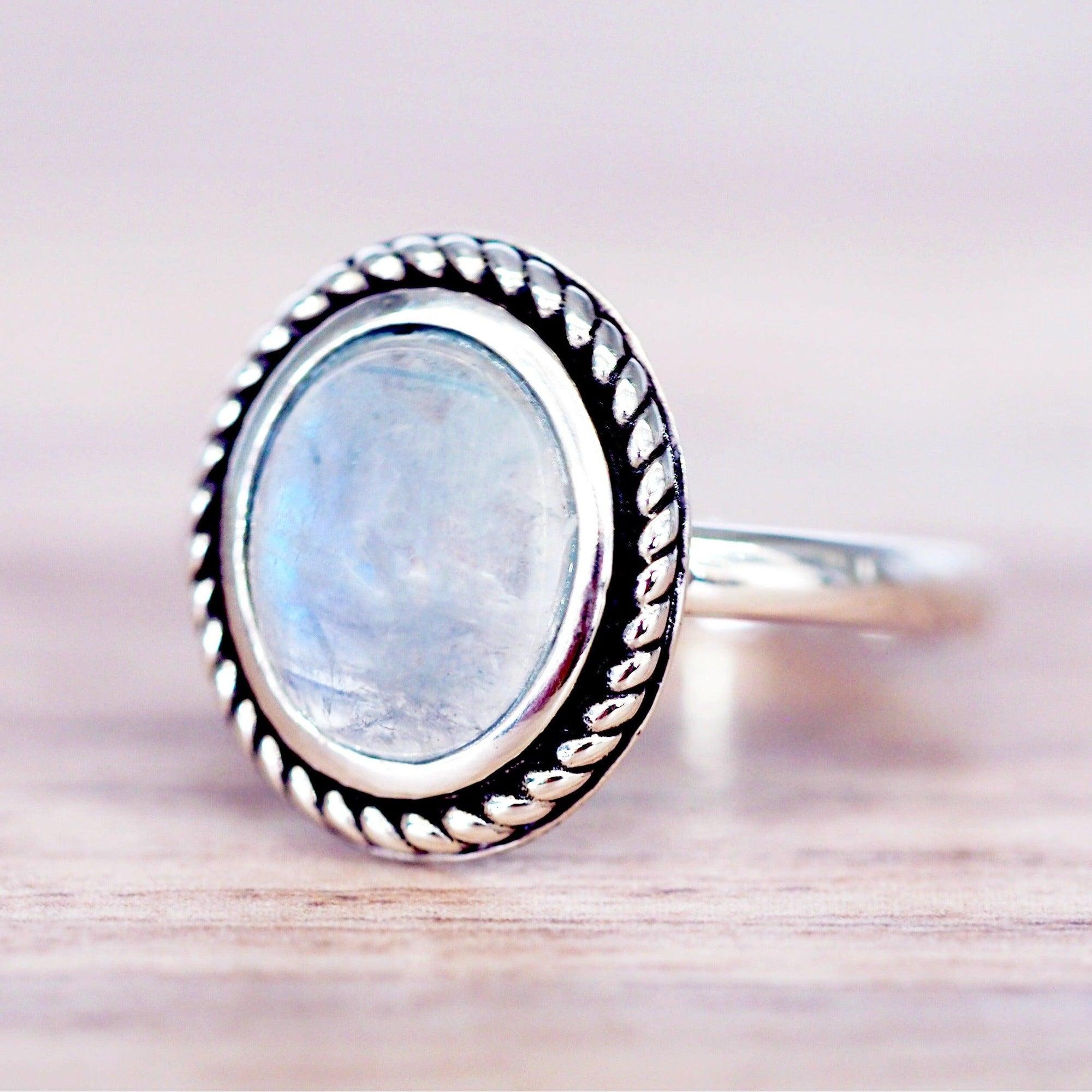 sterling silver bezel-set, cabochon Oval Natural Moonstone Ring