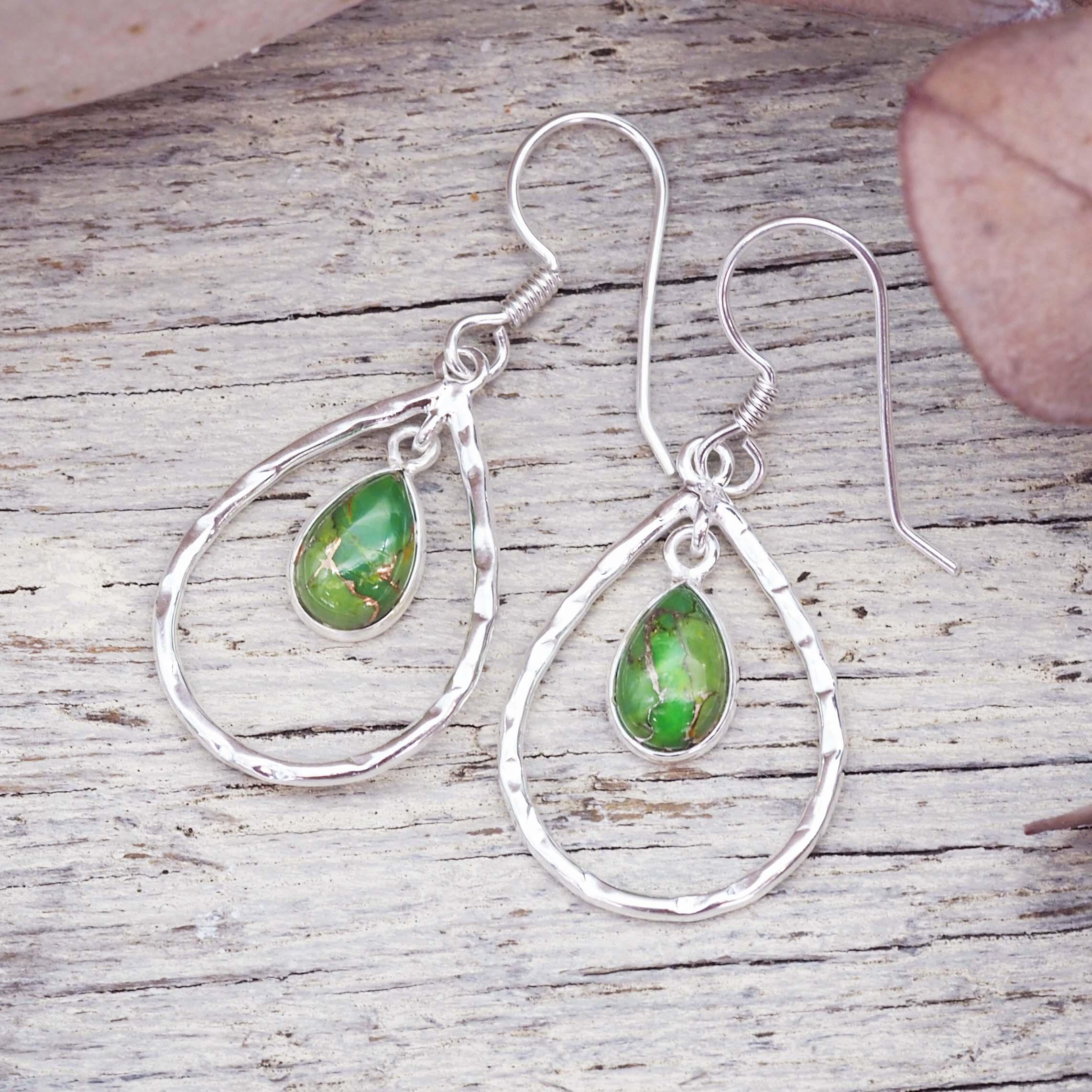 indie and harper sterling silver Hammered Teardrop Green Turquoise Earrings