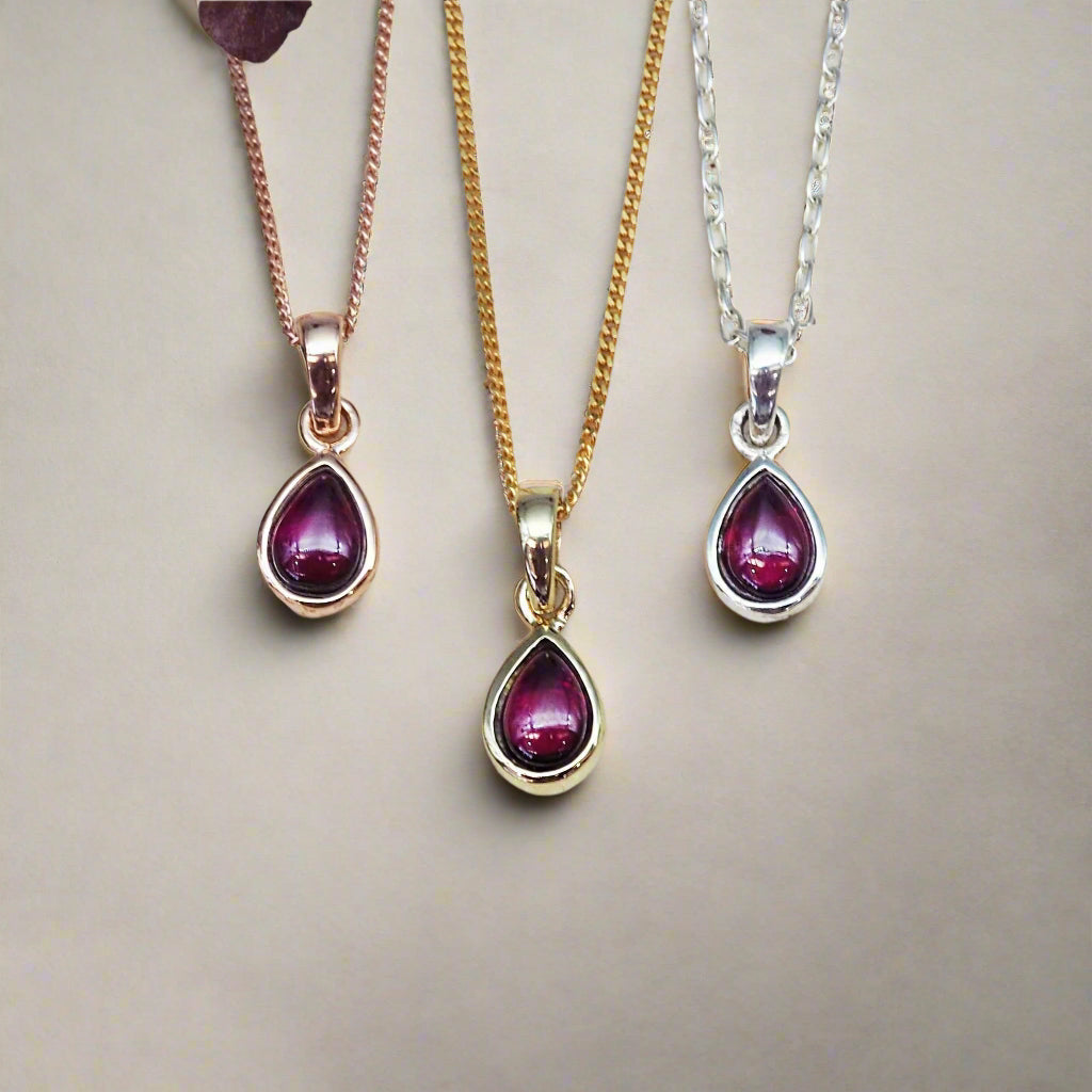indie and harper January Birthstone garnet Necklaces in rose gold, gold and silver