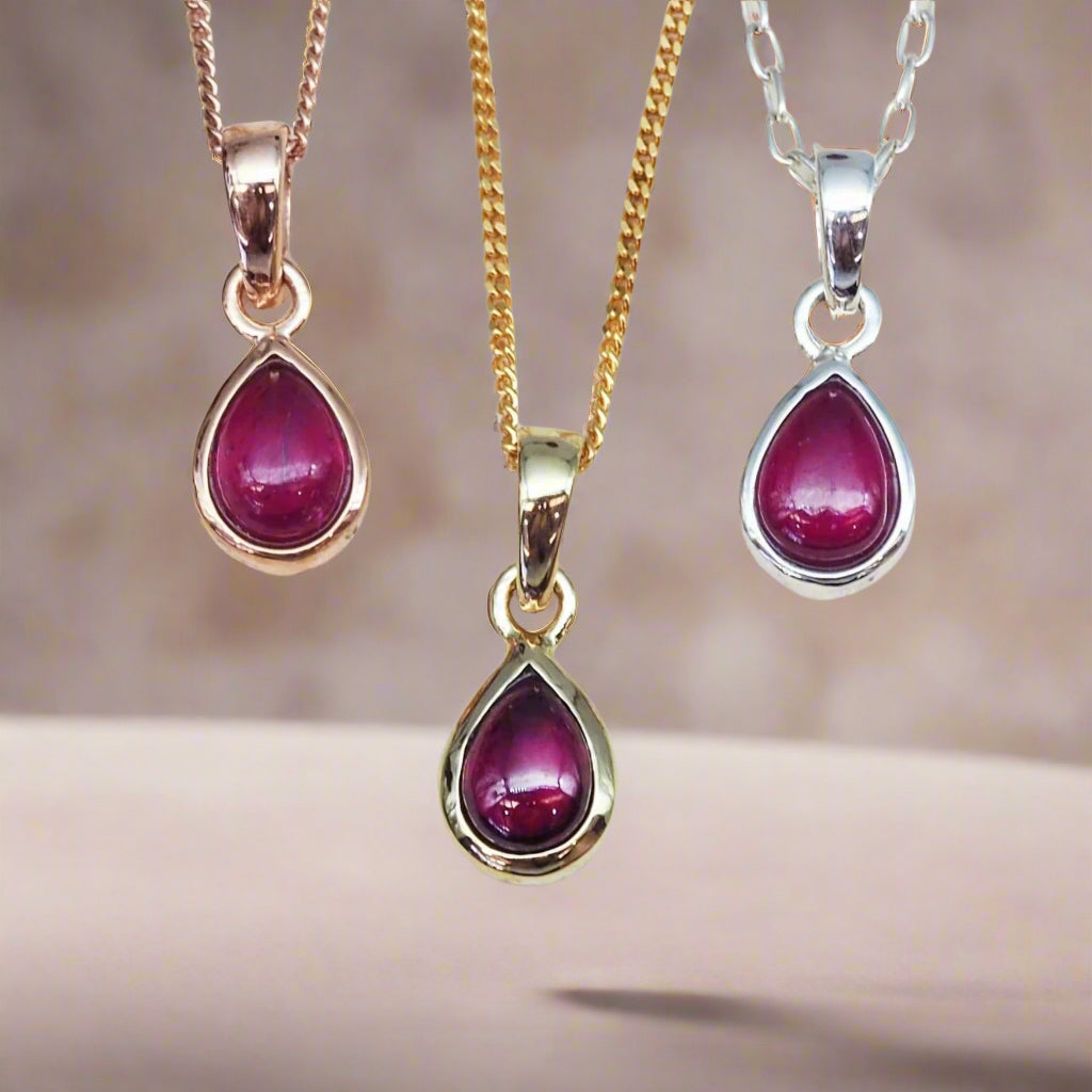 July Birthstone ruby necklaces in rose gold, gold and silver - indie and harper jewellery australia
