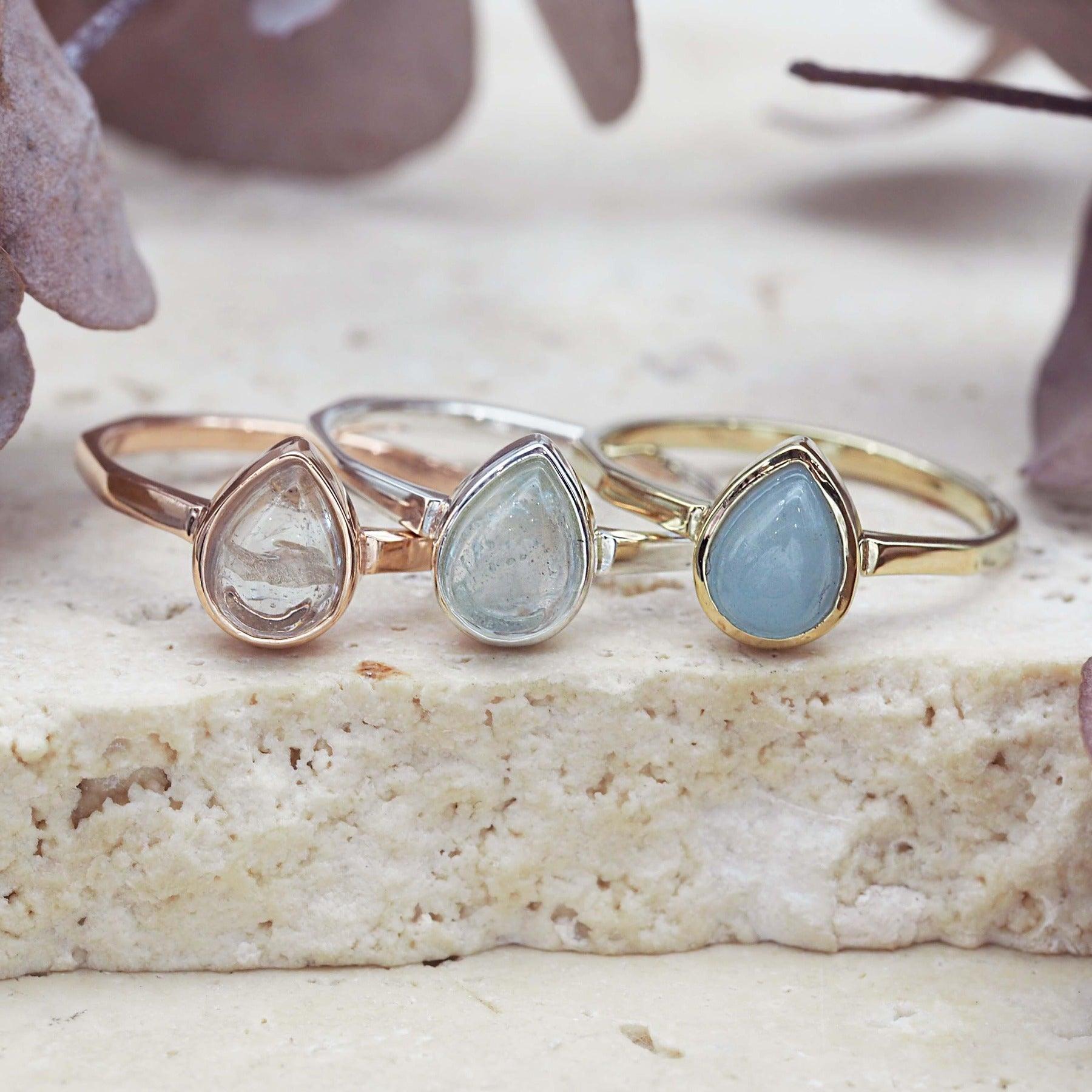 march birthstone aquamarine rings in rose gold, silver and gold - indie and harper australia