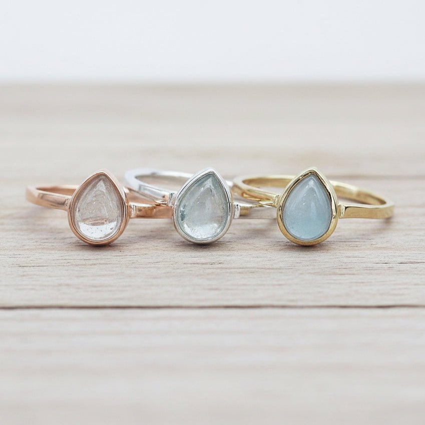 march birthstone aquamarine rings in rose gold, silver and gold - indie and harper australia