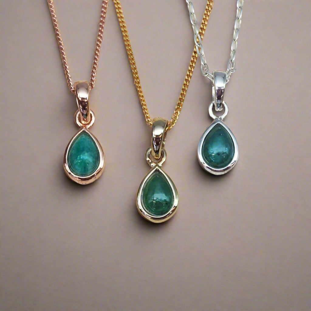 indie and harper May Birthstone Emerald necklaces in rose gold, gold and silver