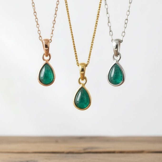 indie and harper May Birthstone Emerald necklaces in rose gold, gold and silver